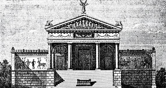 Black and white image from 19th century of an Etruscan Temple