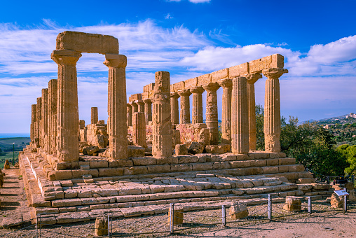 The ruins of the temple of Juno (Hera Lacinia), in the Valley of the Temples, in Acragas, an ancient Greek city on the site of modern Agrigento, Sicily, Italy.