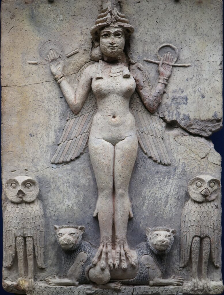 This image depicts ancient art of possibly Ishtar, although there are theories it may be another being such as Lilith or Ereshkigal.