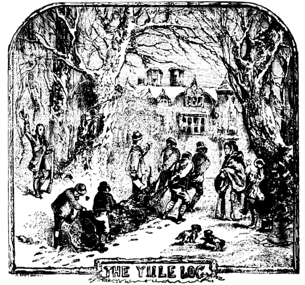 This is an artistic depiction of people collecting a Yule Log, made by Robert Chambers.