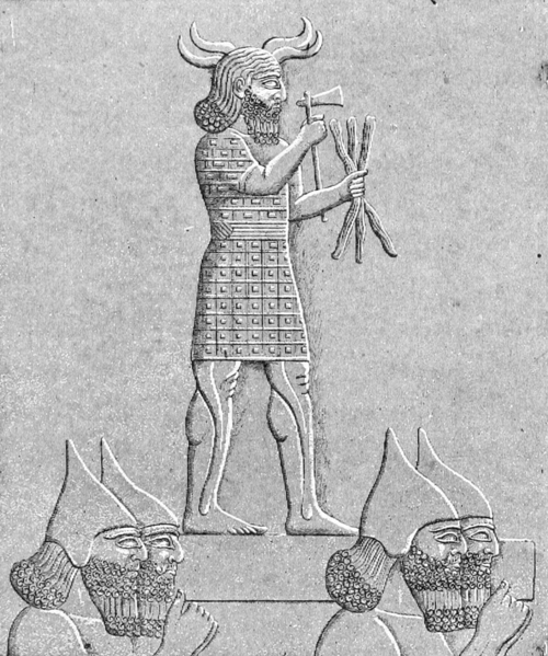 A statue of Hadad being carried by Assyrian Soldiers.