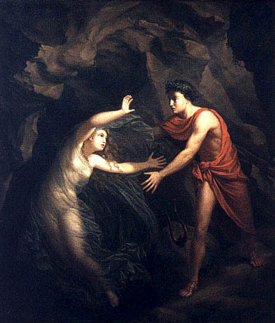 Painting of Orpheus turning back to see Eurydice.